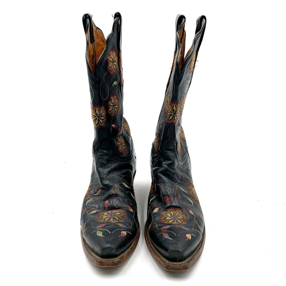 SOLD-Lucchese Western Boots Black Leather Floral Embroidered Block Heel Sz 7 - Picture 3 of 12